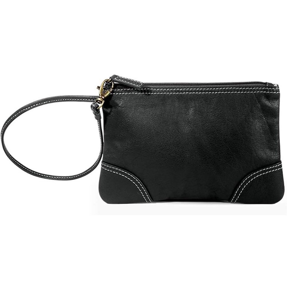 Levenger Leather Goods St. Tropez Pouch Black Wristlet Brass Hardware Genuine